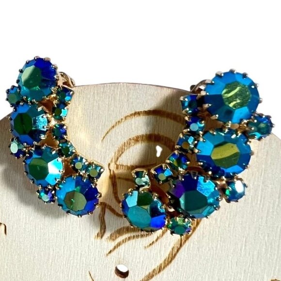 Vtg Weiss Blue Aurora Borealis Crystal Clip-On Earrings 1.25" Signed 50s Glam - Picture 5 of 10